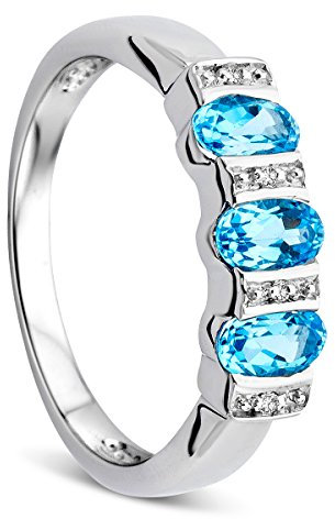 OROVI Schmuck Damen 0.01 Ct Diamant Ring mit Topas in blau und Diamanten Brillanten Ewigkeitsring aus Weißgold 9 Karat (375) Gold