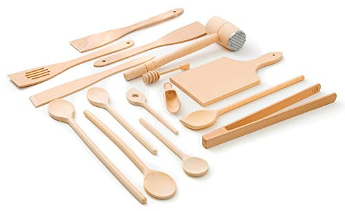 Tuuli Kitchen Set de Utensilios Cocina Madera (6x cuchara de cocina, 4x espátula, cuchara para miel, barbacoa grill pinza, tabla de cortar, martillo de carne, cuchara para especias)
