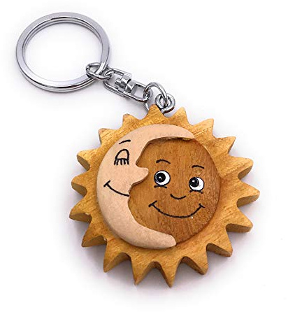 Onwomania Porte-clés en bois soleil lune jour et nuit pendentif charme