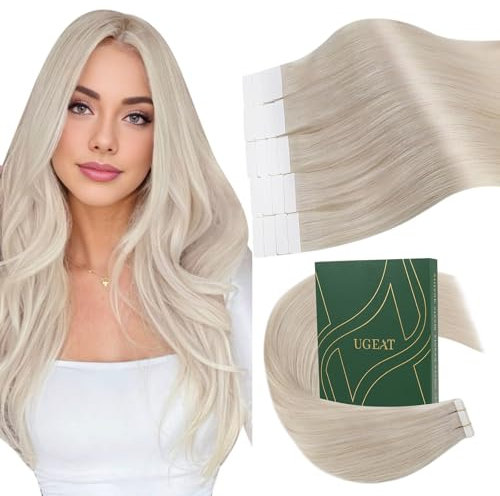 Ugeat Invisible Tape Extensions Echthaar Blond Weich 35 cm Echthaar Extensions Tape Extensions Platinblond Extensions Echthaar Tape für Mädchen 40g #60A 20 Stück