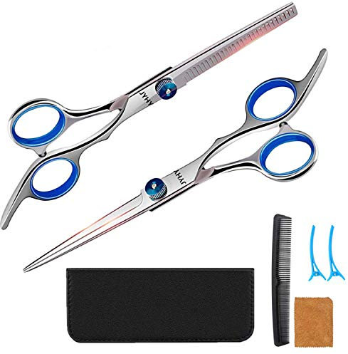 JYHY Professional Hair Cutting Scissors Shears Barber Thinning Set Kit- Family Hair Cutting,Barber Hair Cutting Tool Thinning texturizing,6 (Blue)