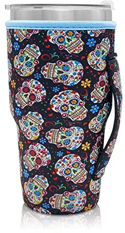 Funda de neopreno reutilizable para taza de café helado, funda aislada, ideal para vasos de 30 oz - 32 onzas, Trenta Starbucks (solo mangas de taza) (calavera de azúcar)