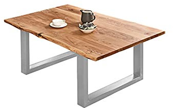 SAM Couchtisch 120 x 80 cm Billy, echte Baumkante, Akazienholz naturfarben, massiver Sofatisch, U-Metallgestell Silber