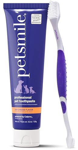 Petsmile Pet Teeth Brushing Kit, Toothpaste + Brush, Say Cheese 119g | Pet Toothpaste + 45° Patented Toothbrush, VOHC Accepted, Calprox® Powered, 6-Month Supply, Human-Grade, Clinically Proven