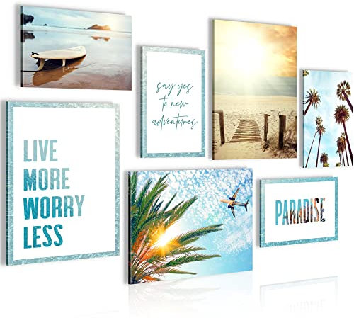 Novart Wandbilder Strand Meer - KOMPLETT AUFHÄNGFERTIG - Palmen Wohnzimmer Schlafzimmer Flur - 7 Moderne Mood-Bilder - N001371a