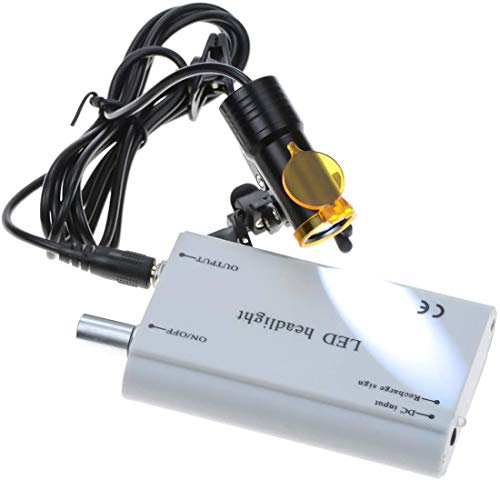 BONEW Zahnärztliche chirurgische Scheinwerfer-Scheinwerfer, 5 W, LED, hohe Leistung, Helligkeit, hängende Batterie mit Filter, Clip-On-Typ + Stoffetui für alle Brillen (Silber)