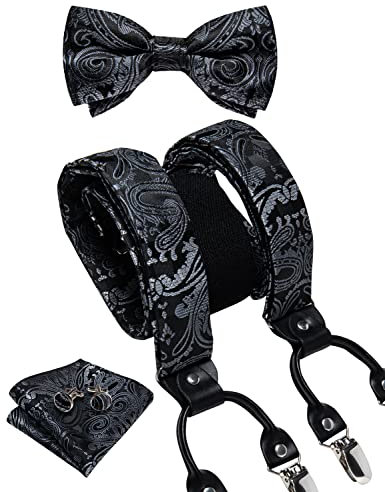 DiBanGu Paisley-Fliege und Untersetzer-Set für Herren, Smoking-Clip, Supender, Einstecktuch, Hosen-Hosenträger, schwarz und grau, Einheitsgröße