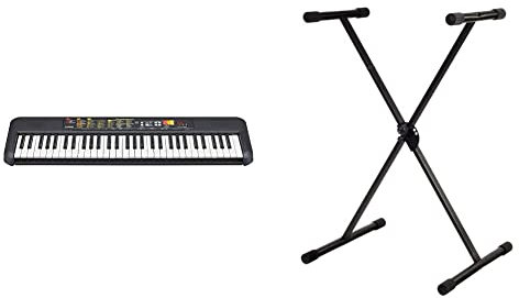 Yamaha PSR-F52 Teclado digital portátil y compacto con 61 teclas, 144 voces de instrumentos y 158 estilos de acompañamiento, color negro + GEWA F900520 Soporte de teclado, patas perfil simple