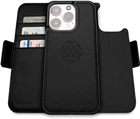 dreem Fibonacci compatibile con iPhone 14 Pro Max custodia a portafoglio/custodia antiurto 2 in 1 e folio in pelle vegana staccabile, compatibile con MagSafe, protezione RFID [Nero]