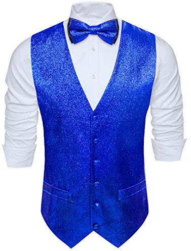 Barry.Wang Glänzende Herren-Weste mit Pailletten, Fliege, Set, glitzernd, lässig, Weste, Festival, Disco, Party, Abschlussball, blau, 3XL