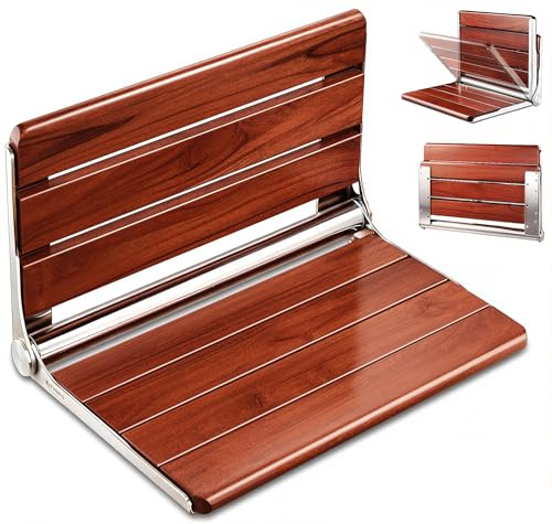 [Upgraded Version] 18 ADA Compliant Folding Teak Shower Seat Wall Mounted-Folding Shower Bench, Folding Shower Seat for Inside Shower, Teak Foldable Shower Chair, Fold Down Shower Seat, Max 400lbs