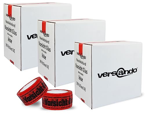 versando 108x geräuscharmes Packband Vorsicht Glas rot 66m Klebeband zum Verpacken von Paketen + Kartons - starke Klebekraft leise abrollend 108 Rollen (3 Karton)