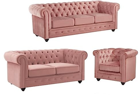 Vente-unique - Canapés 3 Places et 2 Places et Fauteuil en Velours Rose Pastel Chesterfield