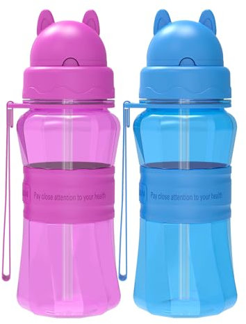 Sigdio 2 Pièces Gourde Enfants avec Paille fille garcon Anti-fuite Facile à nettoyer Bouteille d'eau Enfant sans BPA pour Maternelle, École et Activités extérieure (Blue et Violet)
