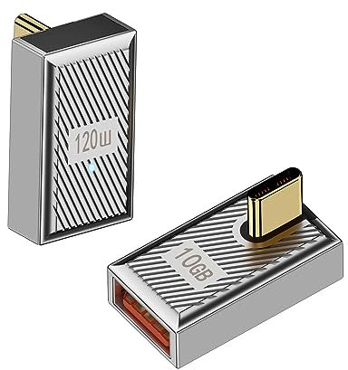 QIANRENON 120W USB C auf USB3.1 OTG 90° Winkel Adapter 10Gbps USB C Stecker auf USB3.1 Buchse Rechtwinklig Anschluss, Mecha Stil/Zn-Legierung/LED,für Telefon Steam Deck Tablet,2Pcs(Vertikale Biegung)