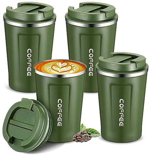 Sieral 4 Pcs 13 oz Travel Coffee Mug Insulated Reusable Coffee Cups with Leakproof Lid Stainless Steel Portable Tumbler for Keep Hot or Ice Milk Tea(Green)