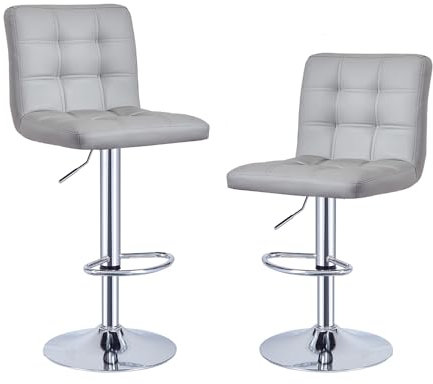 Lot de 2 Tabourets de Bar, Chaises Haut, Hauteur Réglable, Revêtement en PU, Rotatif sur 360°, avec Dossier et Repose-Pieds, Pied Chromé (Gris)