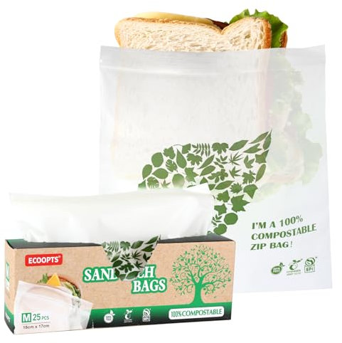 100% Compostable Eco-Friendly Food Storage Bags | Freezer Bag | Plant-Based BPA-Free | Seal Well for Fruit, Snack & More (1 Pack, Sandwich Size)