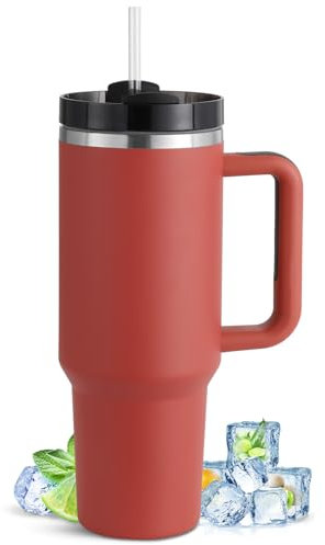 Herseme 40 oz Tumbler with Handle and Straw Lid 2-in-1 Stainless Steel Vacuum Insulated for Hot and Cold Beverages Travel Mug Gift for Car Gym Camp Home Office, Brown Red
