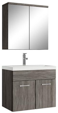 Badezimmer Badmöbel Set Montreal 01 mit Spiegelschrank 60cm Waschbecken Grau Eiche - Unterschrank Waschtisch Möbel