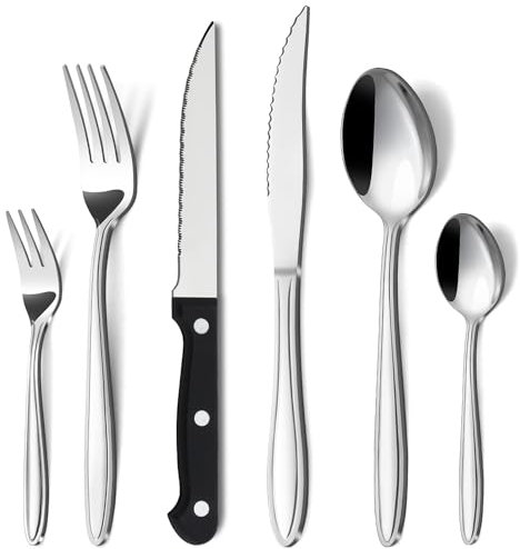 Hunnycook Juego de cubiertos de 36 piezas con cuchillo de carne, acero inoxidable premium, juego de cubiertos para 6 personas, elegante juego de cubiertos con cuchillo y tenedor, cuchara para