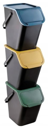 Practic Bini Juego de 3 Cubos de Basura, Cubos Apilables, Tapa con Sistema de Clic, Separación de Residuos de Cocina (3x25L + filtros)