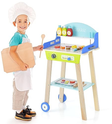 GOPLUS Jeu de Barbecue pour Enfants, Ensemble de Jouets de Barbecue avec 21 Accessoires, Jouet Table de Barbecue en Bois avec 2 Roues, Poignée, Jouet d'Imitation pour Garçons & Filles de 3+ Ans