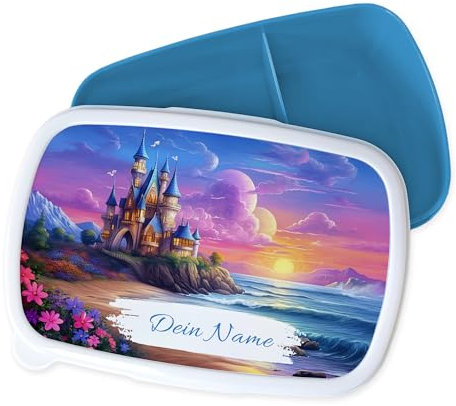 GRAZDesign Fiambrera infantil personalizada con nombre de candado para niñas en rosa y azul, fiambrera de cuento de hadas para la escuela y la guardería, color azul