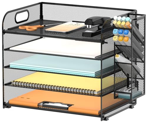 SUPEASY Schreibtisch-Organizer mit 5 Etagen, mit Griff und abnehmbaren Stifthaltern, Netz-Papier-/Akten-Organizer für den Schreibtisch, Papier-Briefablage, Organizer für Bürobedarf (schwarz)
