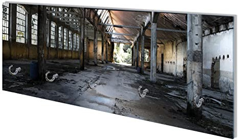 Wallario Wandgarderobe aus Glas in Größe 80 x 30 cm mit Memoboard-Funktion, Motiv: Alte Industriehalle leerstehend und einsam | 5 Kleiderhaken zum Aufhängen von Jacken