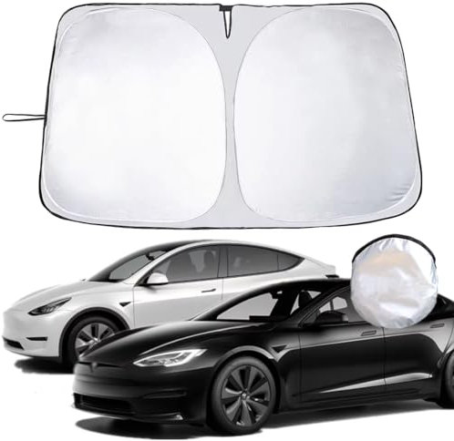 Foldable Car Windshield Sun Shade, Car Front Window Glass Sun Shade, 240t Thickened Polyester, Double Layer Silver Coated, Reflective Heat and Block UV Rays for Tesla Models (56''×37'')