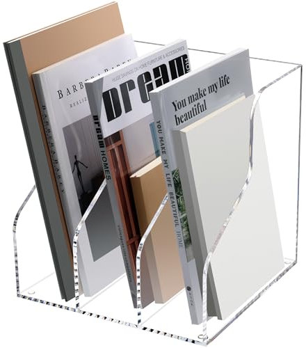 HeZone Schreibtisch-Organizer, Acryl-Zeitschriftensammler mit 3 vertikalen Fächern, Aktenordner für Büro, Zuhause, Klassenzimmer, Schreibtisch-Organisation, transparent