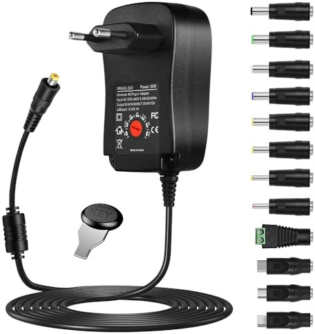 mizikuu 30W Alimentatore Universale, Adattatore AC-DC 3V 4.5V 5V 6V 7.5V 9V 12V con 12 Adattatori Per Spina Caricabatterie per Macchine Fotografiche, Lampade, TV, Elettronica Domestica Eccetera
