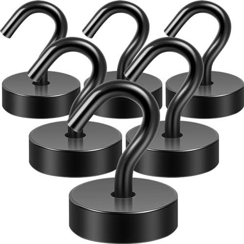 Neosmuk 40lb+ Extra Strong Magnet with Hook for Fridge,Heavy Duty Cruise Hook for Ceiling,Small Magnetic Holder for Van, Tool(Black, Pack of 6)