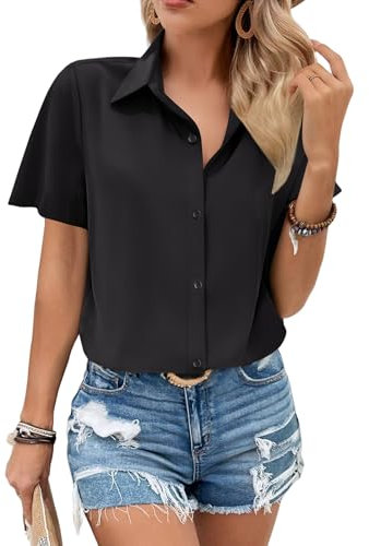 Zeagoo Women's Short Sleeve Chiffon Blouses Basic V Neck Fitted Button Down Tshirts Casual Summer Flowy Dressy Tops Black L