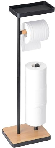 Clasin Home Porta carta igienica, autoportante, con ripiano superiore e ripiano superiore, base zavorrata con design in bambù, per bagno