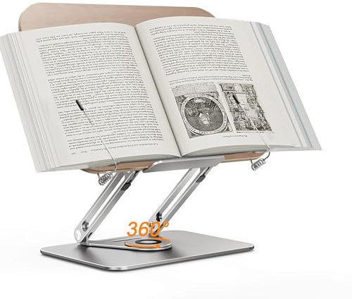 MKNZOME Buchständer zum Lesen, 360° drehbar, verstellbare Buchhalter zum Lesen, freihändiges Lesen, faltbarer Kochbuchständer mit elastischen Seitenclips für Lehrbuch, Buchanzeige, Notenblätter,