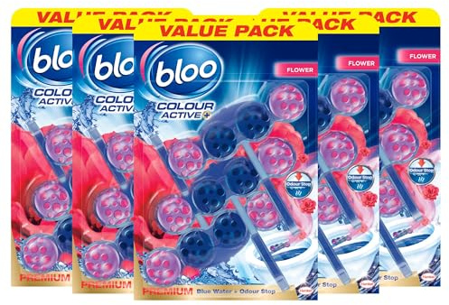 Bloo Colour Active Toilet Rim Block Fresh Flowers with Anti-Limescale, Cleaning Foam, Dirt Protection and Extra Freshness with Bloo Odour-Stop Technology, Pack of 3 Rimblocks X 5