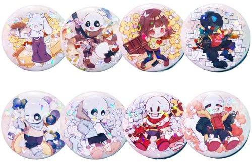 JUSONGKWCP 8 Pcs Unisex Unter Tale Abzeichen Game Figur Sans Papyrus Frisk Flowey Badge Pins Unter Tale Sans Cosplay Accessoires, 58mm, Modern, Mehrfarbig, Edelstahl, Brooch Pin
