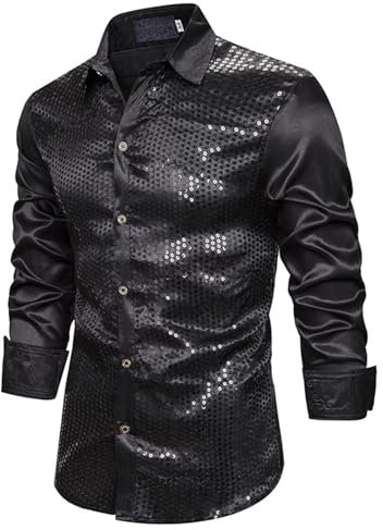 Generisch Herren Disco-Glam Pailletten Hemd Schwarz Metallic Glänzend Satin Langarm Slim Fit XL