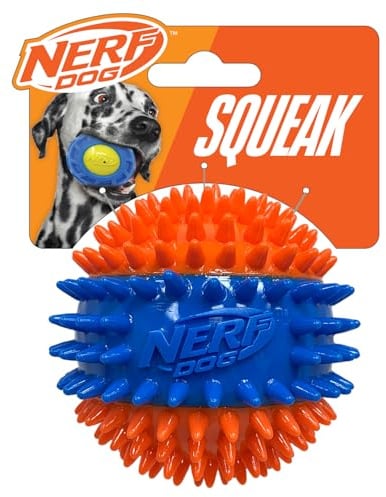 Nerf Dog TPR Spike Ball with Loud Squeaker, 2.7-Inch Durable Fetch Toy for Dogs, Orange/Blue
