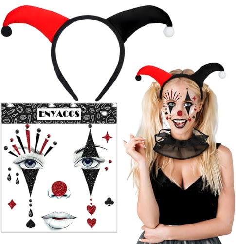 ENYACOS Clown Haarreif & Gesichtstattoo Set für Karneval, Fasching – Bunter Clown Kopfschmuck & Glitzer Tattoo für Damen, Herren & Kinder – Perfektes Kostümzubehör für Köln Karneval & Mottopartys (A)