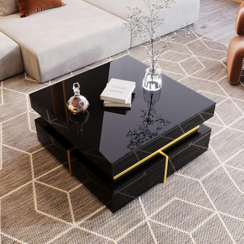 boorbin Couchtisch, Hochglanz-Wohnzimmertisch, Beistelltisch mit Schubladen und goldenen Akzenten (Schwarz, 70 * 70 * 35.5CM)