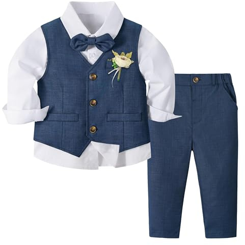 Volunboy Baby Boys 4-Piece Formal Suit, Toddler Waistcoat Wedding Party Birthday Dress Gentleman Suit (Navy Blue, 4-5 Years,Tag Size 120)