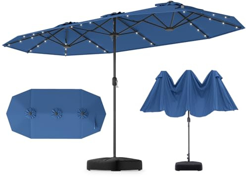 GOPLUS Grand Parasol de Jardin Exterieur avec Pied, 4M Parasol Rectangulaire Double Face pour 6 Personnes avec LED, Manivelle et Ventilation, pour Marché, Piscine, Terrasse, Balcon (Bleu)