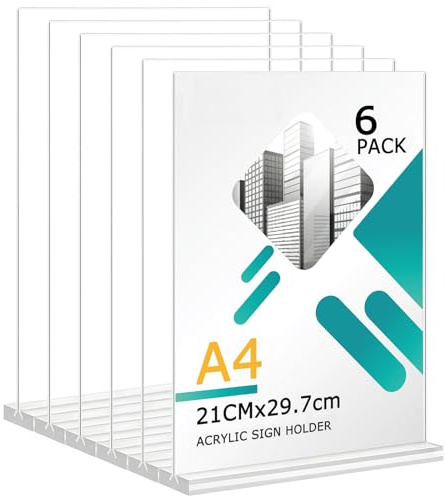 Soserkouer Lot de 6 Porte-Affiches En Acrylique A4, Support Double Face Vertical Transparent,Porte Menu Restaurant, Porte Affiche, Pour Restaurants, Menus, Hôtel, l'école,Bureau, Magasin
