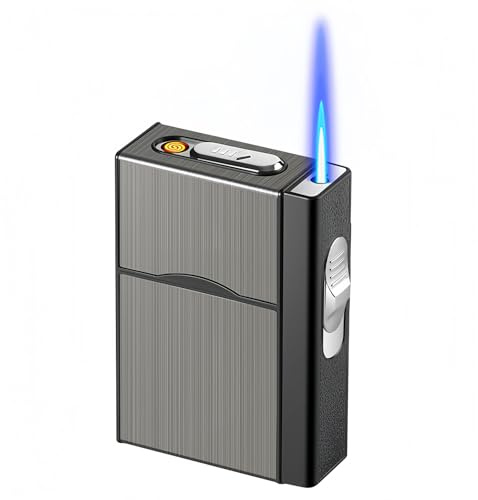 PORFOYO Zigarettenetui mit Feuerzeug, wasserdicht, mit Sturmfeuerzeug, winddicht, Gasfeuerzeug, Zigarettenetui mit USB, wiederaufladbar, für 20 Zigaretten