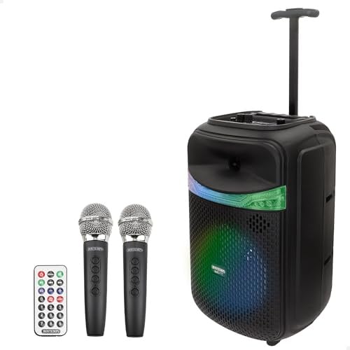 ColorBaby Bontempi Altavoz Maleta inalámbrico con Karaoke, 300W de Potencia, 2 micrófonos, Luces RGB, Radio, Pantalla, Ecualizador de Sonido, Dos Altavoces a la Vez, Batería Recargable USB (39223)