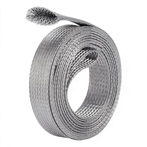 UNICRAFTALE 13.12ft(4m) Wide Braided Sleeving Braid Stainless Steel Cable Wire Shielding Sleeve Ground Straps Protection Flat Metal Mesh Flexible Expandable Scalable Ribbon Wire for Protect Cable