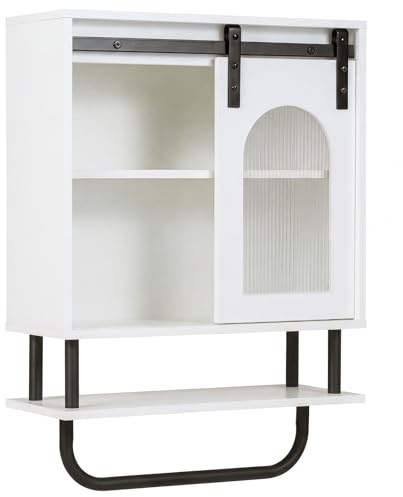 GIANTEX Armadietto da bagno sospeso con porta asciugamani, armadio da parete con scomparto aperto e porta scorrevole, per bagno, soggiorno, cucina, 50 x 20 x 69,5 cm, bianco